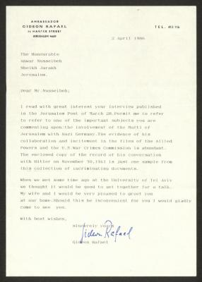 A Letter from Gideon Rafael to Anwar Nusseibeh, Jerusalem, 2 April 1986