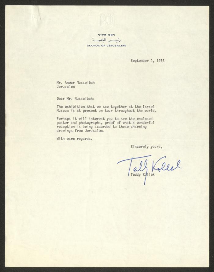 A Letter from Teddy Kollek to Anwar Nusseibeh, Jerusalem, 4 September 1973