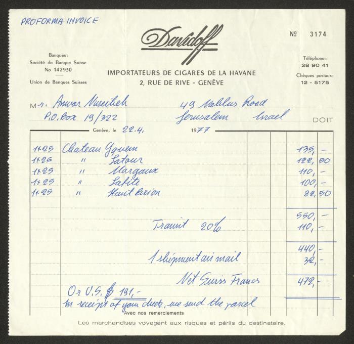 A Bill by Davidoff to Anwar Nusseibeh, Jerusalem, Geneva, 1977