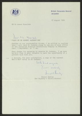 A Letter from Donald Hamley to Anwar Nusseibeh, Jerusalem, 27 August 1980