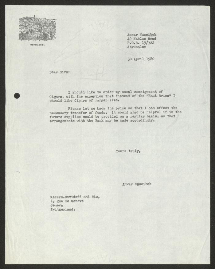 A Letter from Anwar Nusseibeh to Davidoff Company, Jerusalem, 30 April 1980