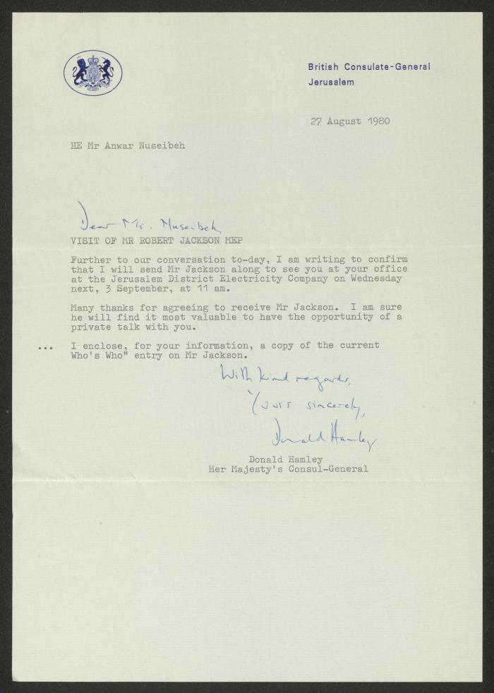 A Letter from Donald Hamley to Anwar Nusseibeh, Jerusalem, 27 August 1980