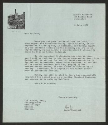 A Letter from Anwar Nusseibeh to Tim Card, England, 8 July 1975