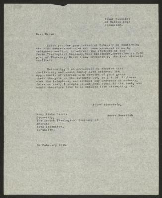 A Letter from Anwar Nusseibeh to Rivka Harris, Jerusalem, 24 February 1976