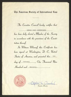 Affiliation Certificate by the American Society of International Law for Anwar Nusseibeh, 1970