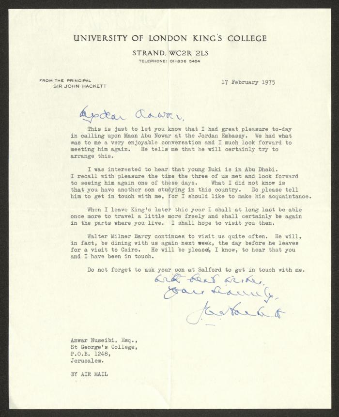 A Letter from John Hackett to Anwar Nusseibeh, London, 17 February 1975