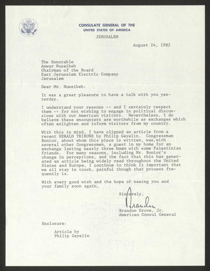 A Letter from Brandon Grove to Anwar Nusseibeh, Jerusalem, 24 August 1982