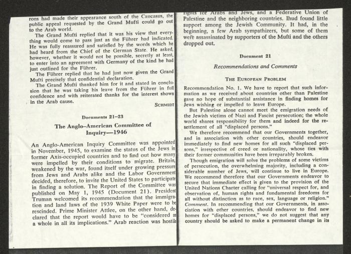التوصيات والتعليقات الصادرة عن لجنة التحقيق الأنجلو-أمريكية، 1 أيار 1946 