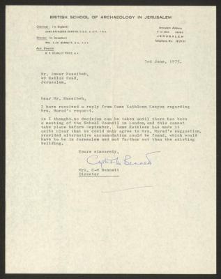 A Letter from C. M. Bennet to Anwar Nusseibeh, Jerusalem, 3 June 1975