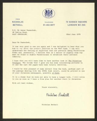 A Letter from Nicolas Bethell to Anwar Nusseibeh, London, 22 June 1979