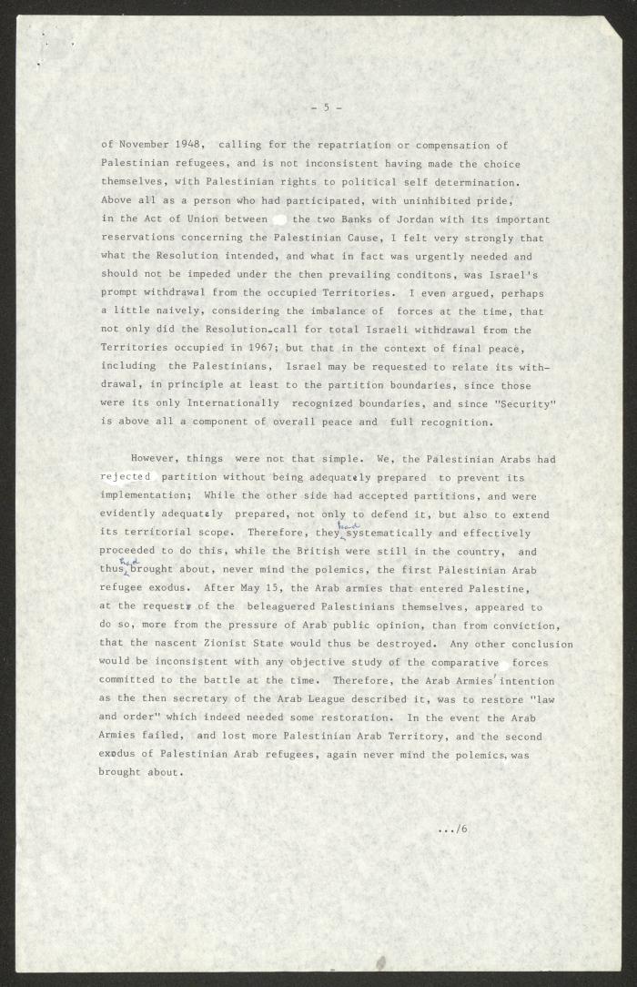 مسودة خطاب لأنور نسيبة، القدس، 24 تشرين الأول 1983