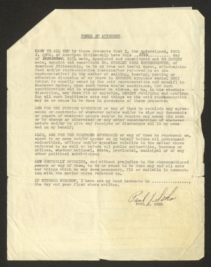 A Special Power of Attorney by the American Embassy in Jordan for John G. Panos, 1954
