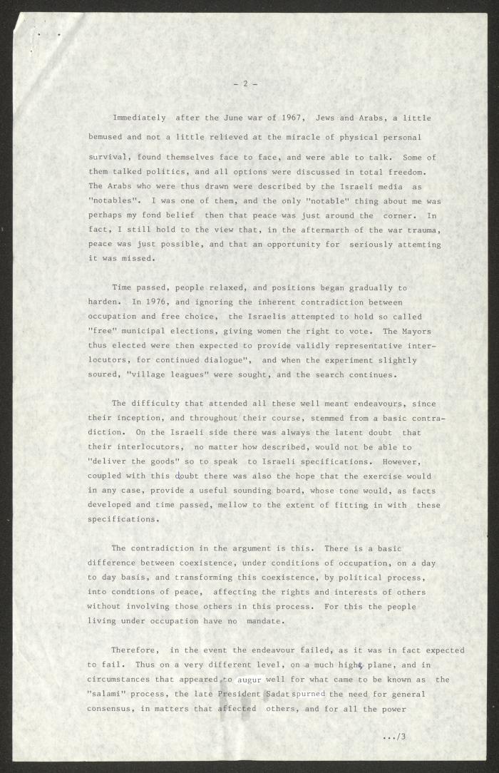 مسودة خطاب لأنور نسيبة، القدس، 24 تشرين الأول 1983