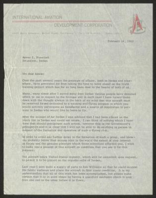 A Letter from S. R. Kochenderfer to Anwar Nusseibeh, California, 14 February 1962