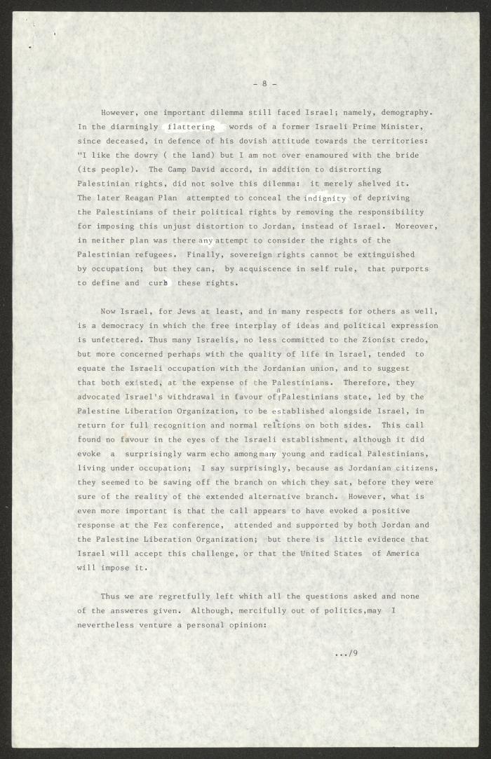 مسودة خطاب لأنور نسيبة، القدس، 24 تشرين الأول 1983