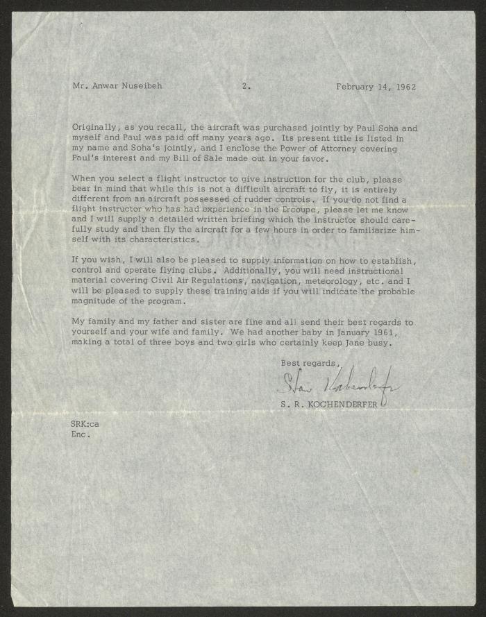 A Letter from S. R. Kochenderfer to Anwar Nusseibeh, California, 14 February 1962