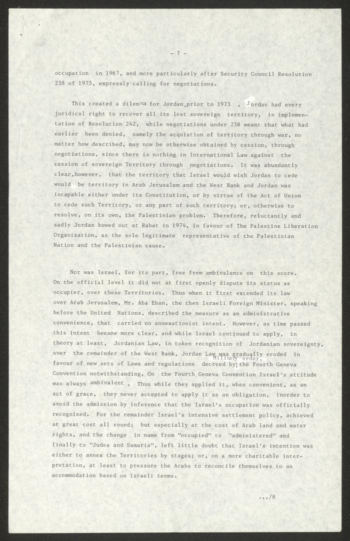 مسودة خطاب لأنور نسيبة، القدس، 24 تشرين الأول 1983