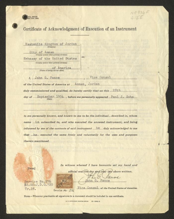 A Special Power of Attorney by the American Embassy in Jordan for John G. Panos, 1954
