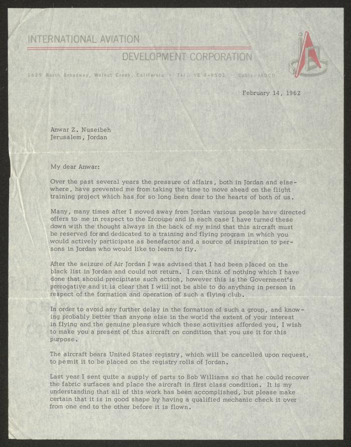 A Letter from S. R. Kochenderfer to Anwar Nusseibeh, California, 14 February 1962