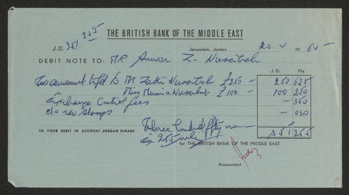 إشعار مدين صادر عن البنك البريطاني للشرق الأوسط باسم أنور نسيبة، القدس، 1965