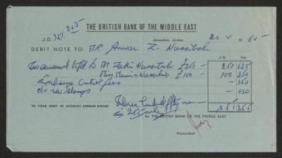 A Debit Note by the British Bank of the Middle East for Anwar Nusseibeh, Jerusalem, 1965