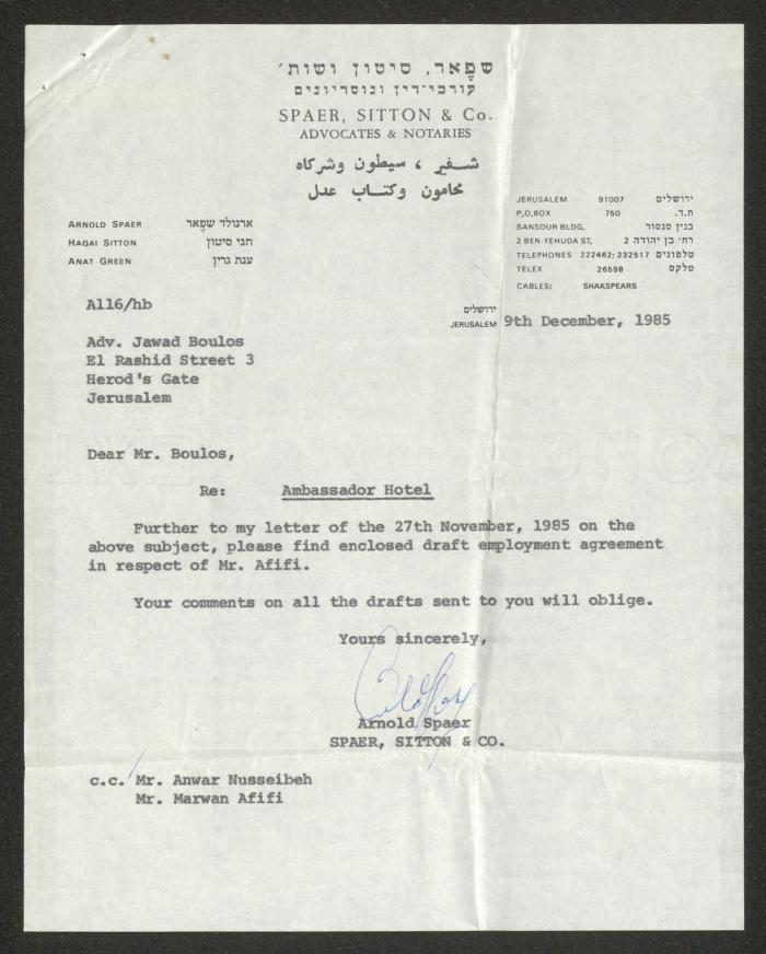 A Letter from Spaer, Sitton and Co. to Jawad Bolous, Jerusalem, 9 December 1985