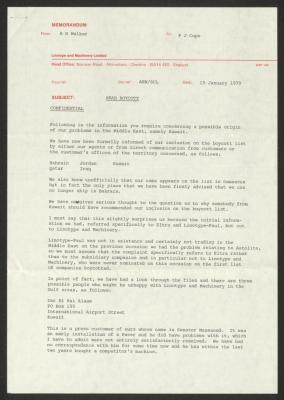 A Memorandum from Arthur Walker to P. J. Cope, England, 15 January 1979