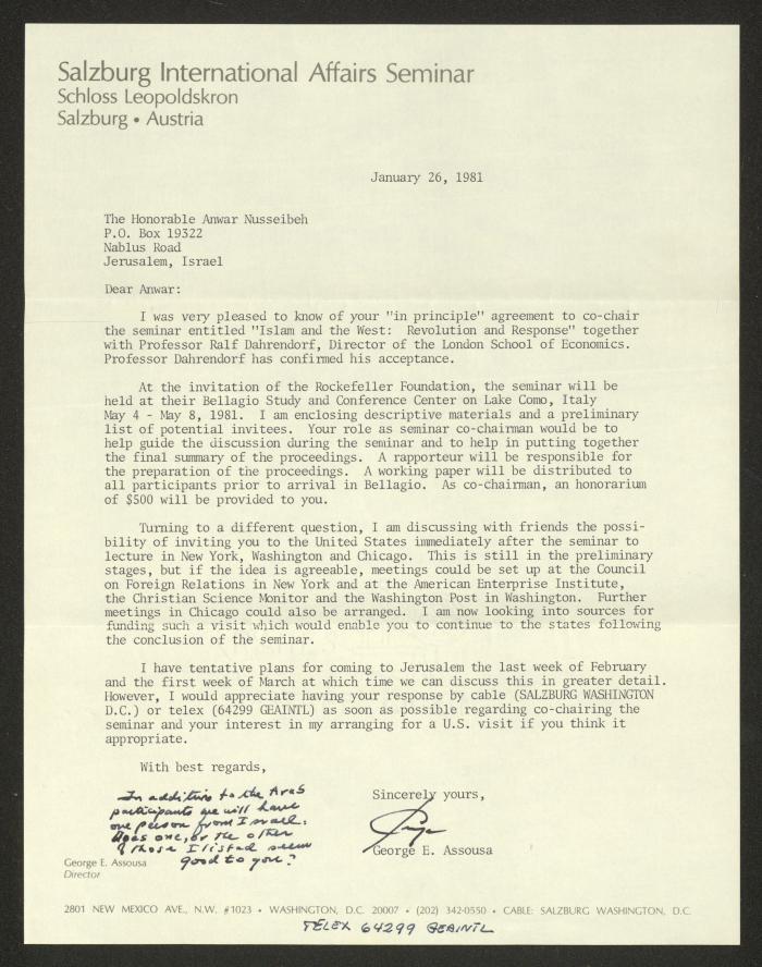A Letter from George Assousa to Anwar Nusseibeh, 26 January 1981