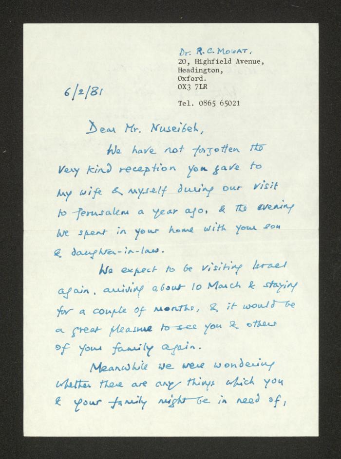 A Letter from Robin and Renee Mowat to Anwar Nusseibeh, Oxford, 5 February 1981