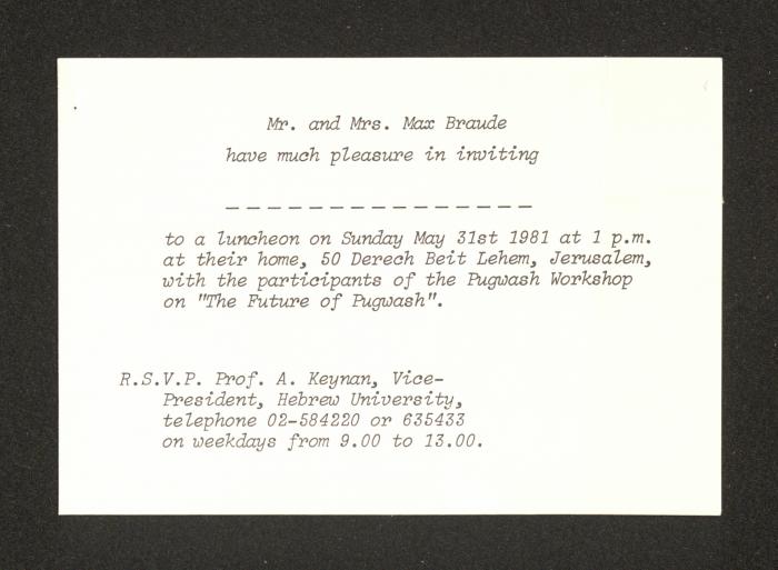 An Invitation from Aharon Sreij to Anwar Nusseibeh, Jerusalem, 25 May 1981
