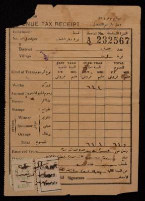 A Revenue Tax Receipt for Abdullah Bezreh, Raba, November 1945