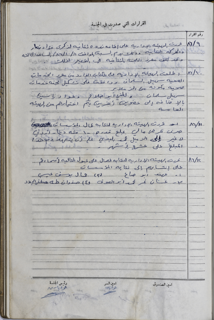 The Administrative Body of the Union of Public Institutions Workers' Meeting Minutes, Tulkarm, 4 October 1986