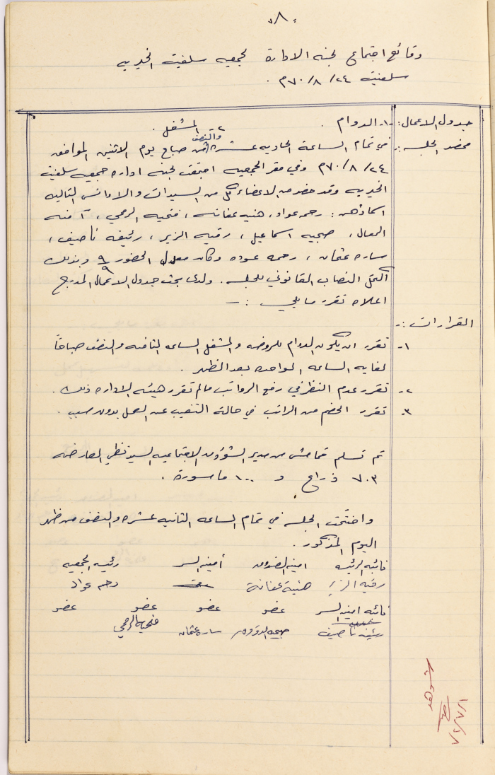 Meeting minutes of the Salfeet Women Charity's administrative body meeting dated 2470