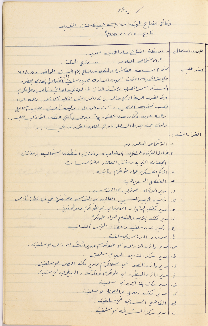 Meeting minutes of the Salfeet Women Charity's administrative body meeting dated 2272