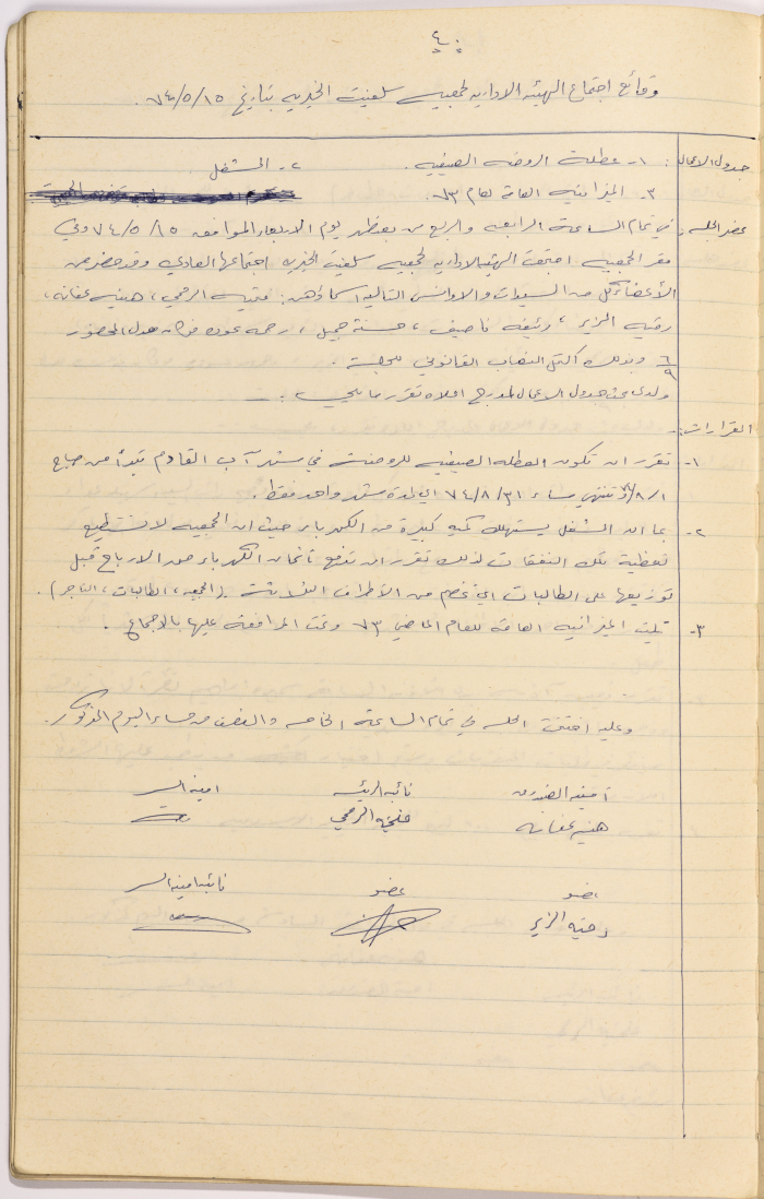 محضر اجتماع الهيئة الإدارية لجمعية سلفيت النسائية الخيرية بتاريخ 1574