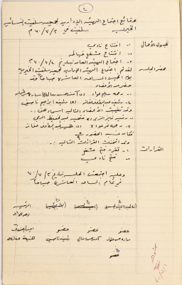 محضر اجتماع الهيئة الإدارية لجمعية سلفيت النسائية الخيرية بتاريخ 2\7\1970