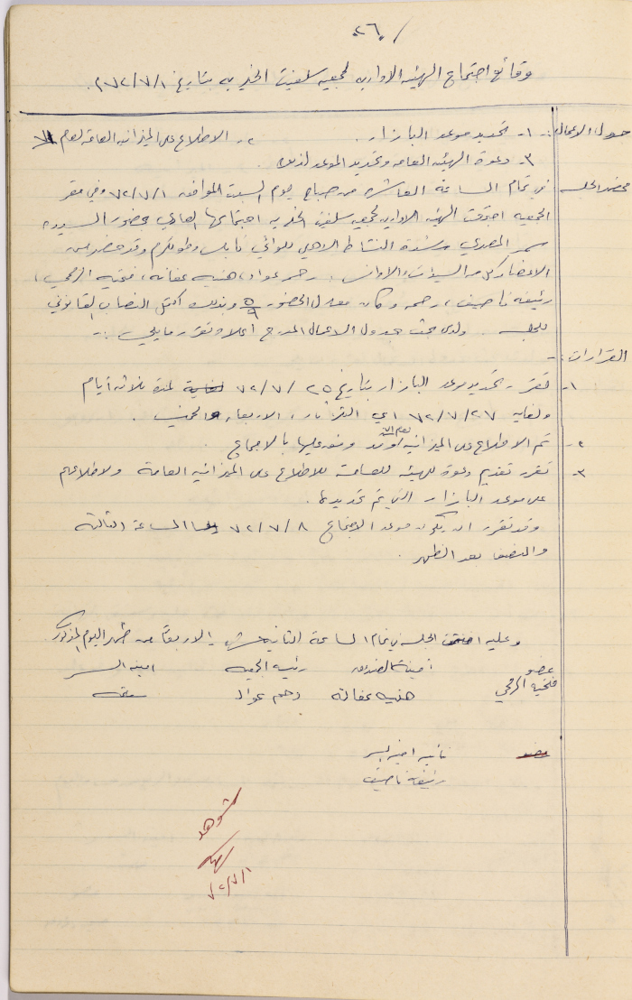 Meeting minutes of the Salfeet Women Charity's administrative body meeting dated 172
