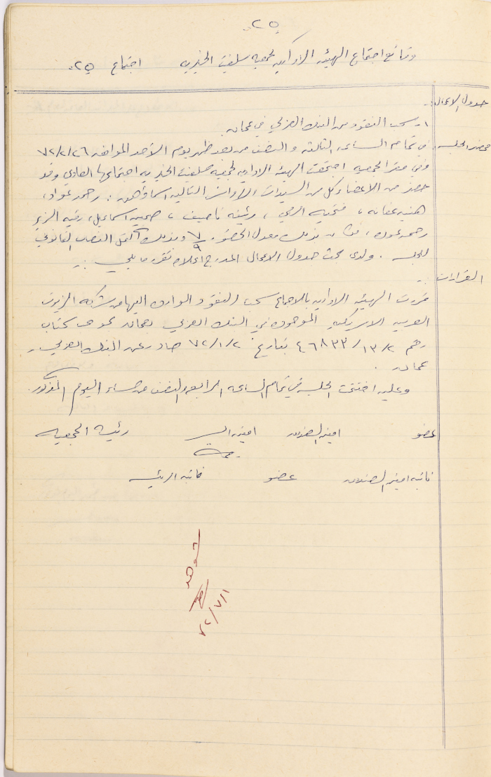 Meeting minutes of the Salfeet Women Charity's administrative body meeting dated 2672