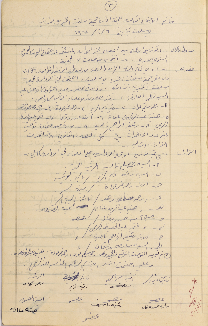 Meeting minutes of the Salfeet Women Charity's administrative body third meeting dated 6/4/1970