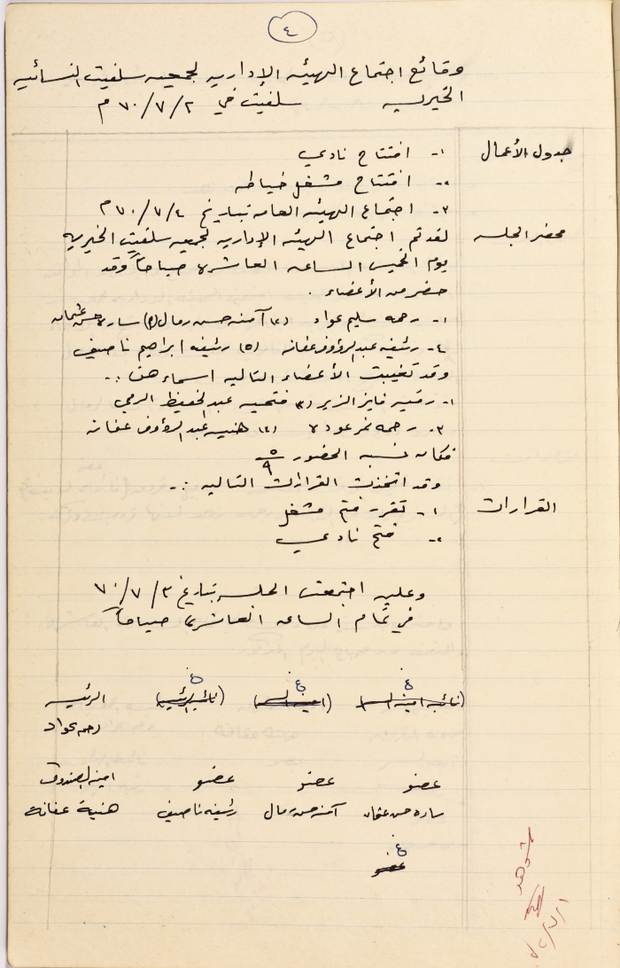 Meeting minutes of the Salfeet Women Charity's administrative body meeting dated 2/7/1970