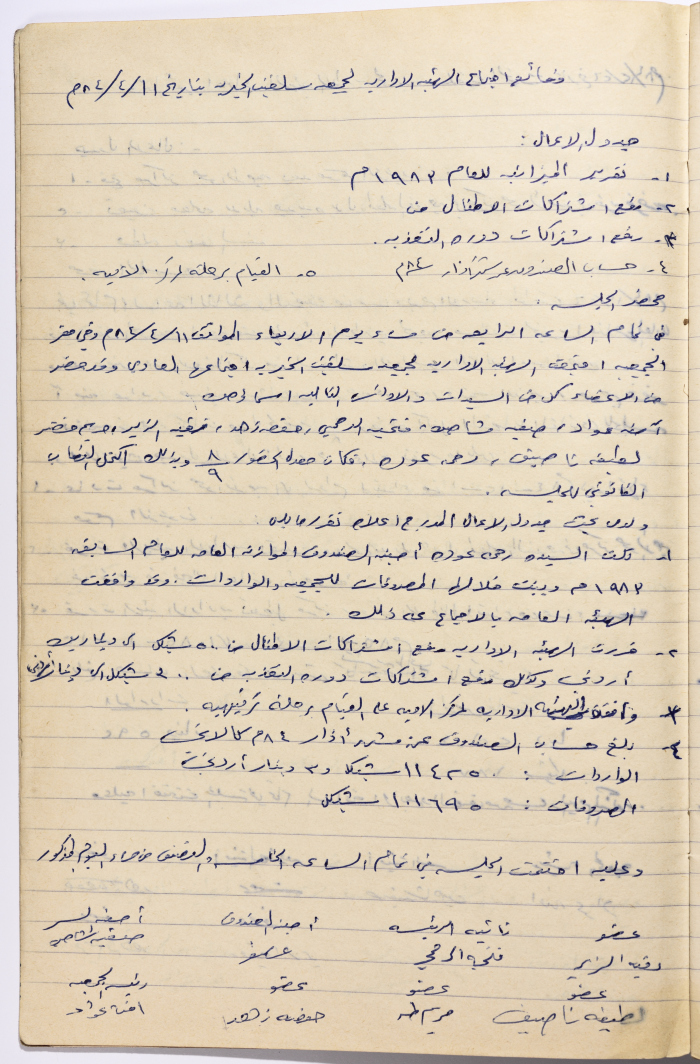 محضر اجتماع الهيئة الإدارية لجمعية سلفيت النسائية الخيرية بتاريخ 1184

