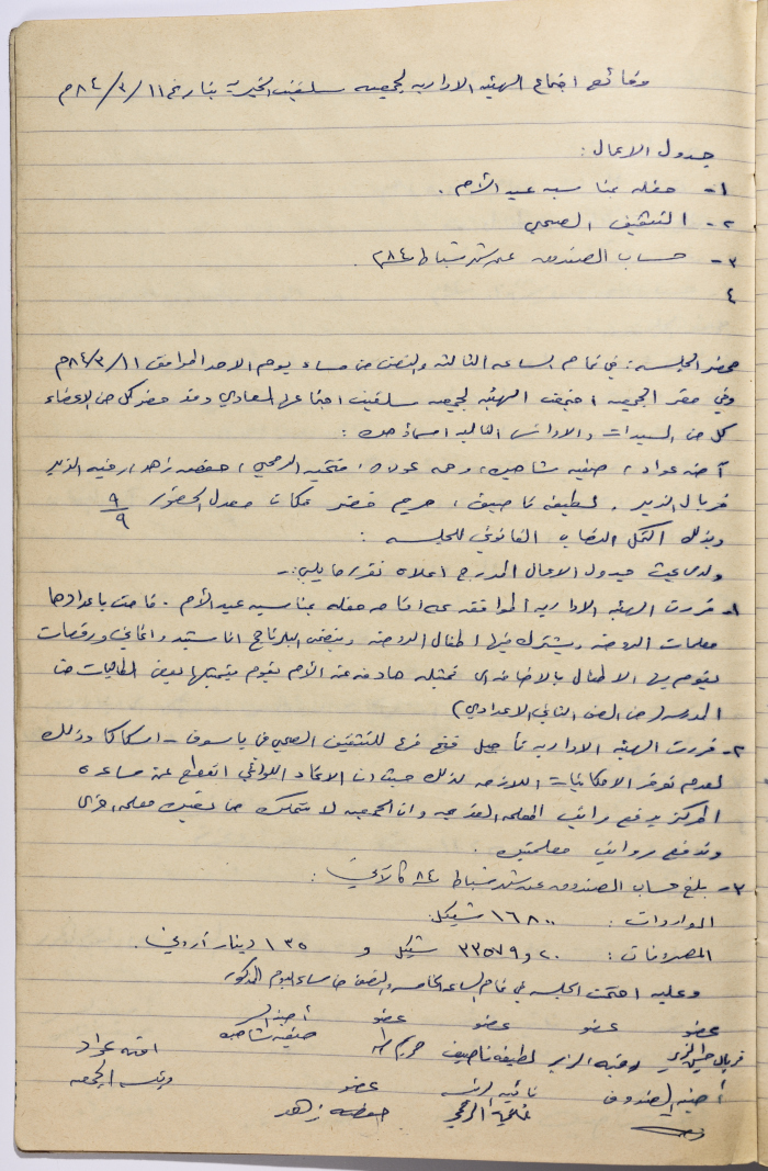 محضر اجتماع الهيئة الإدارية لجمعية سلفيت النسائية الخيرية بتاريخ 1184