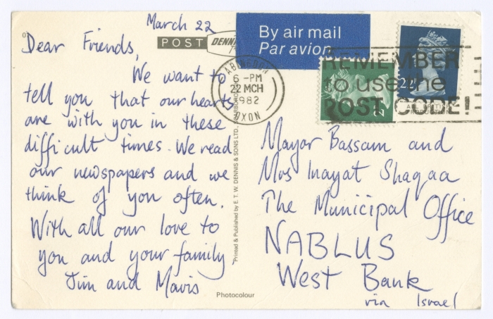A Letter of Solidarity from British Friends to Bassam Shakaa and His Wife, 1982 