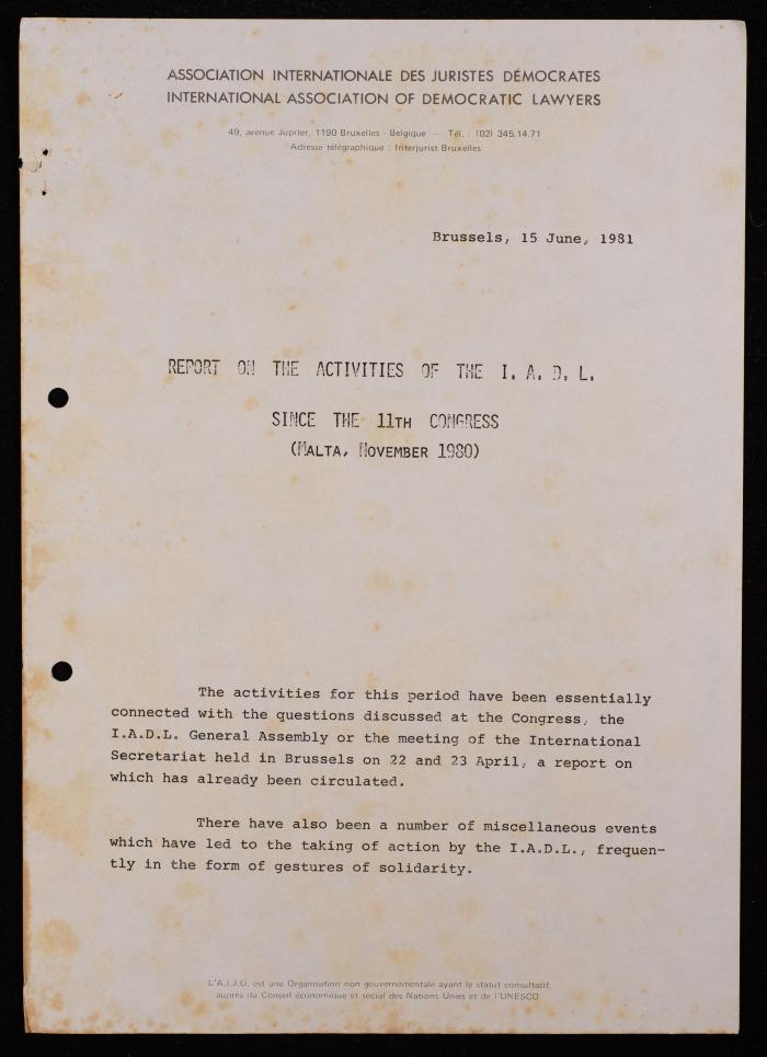 تقرير عن نشاطات رابطة الحقوقيين الديمقراطيين العالمية، بروكسل، 1981