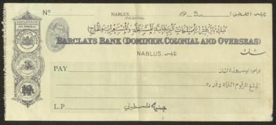 نموذج شيك لبنك باركليز البريطاني، نابلس