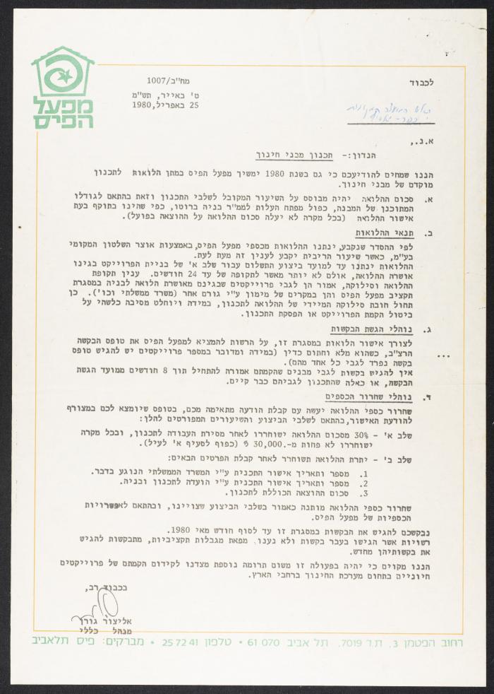 طلب للحصول على قرض لمجلس محلي كفر ياسيف، 1980