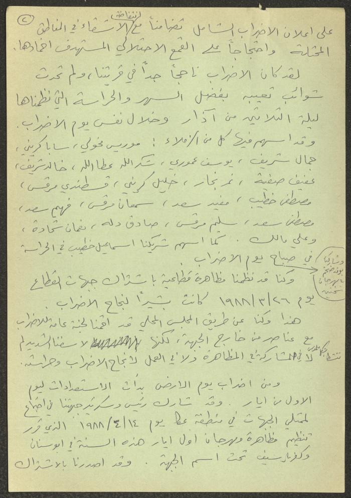 بيان عن العمل مقدم من فرع جبهة كفر ياسيف، 12 أيار 1988