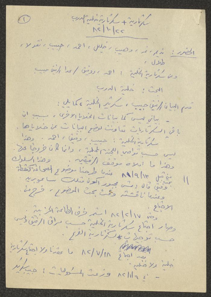 محضر اجتماع لسكرتارية الحزب الشيوعي الإسرائيلي، 22 تشرين الأول 1982