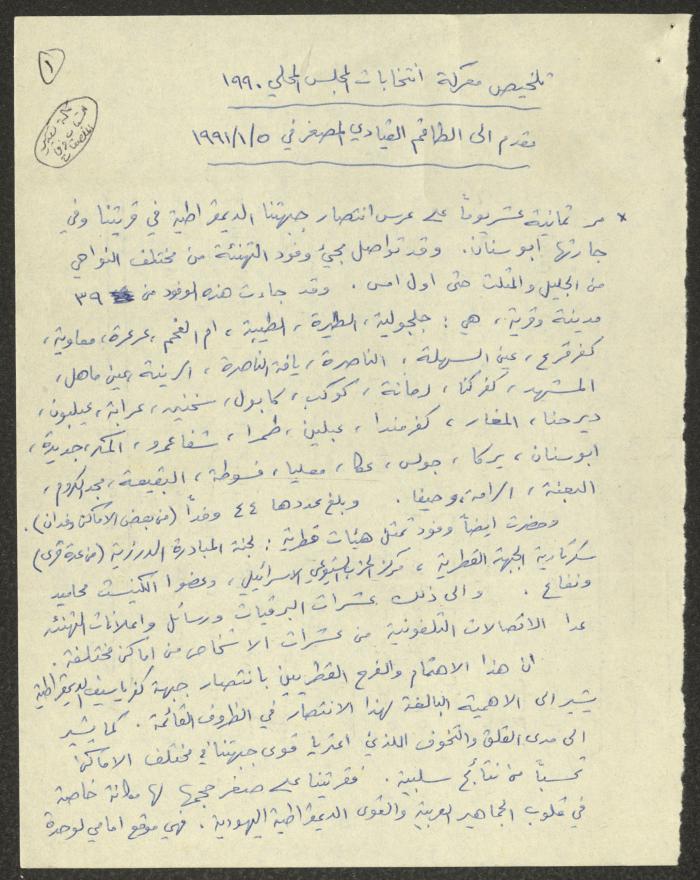 A Summary of the Local Council Elections in Abu Snan, Galilee, 5 January 1991