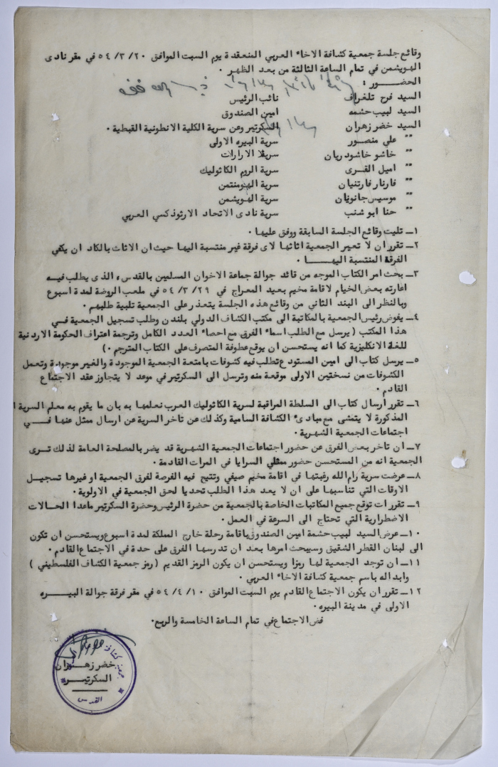 Minutes of a Session Held by the Arab Brotherhood Association in March 1954